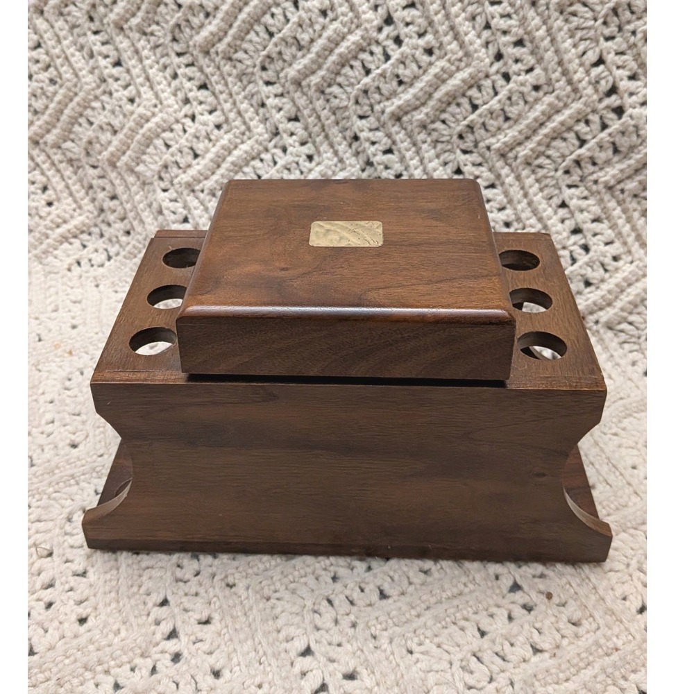 Decatur Industries Vintage Walnut 6 Pipe Stand Holder & Tobacco Humidor Box